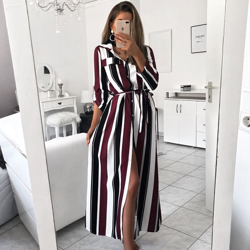 VIEUNSTA Women Fashion Turn-Down Collar Stripe Dresses Spring Summer Long Sleeve Button Dress Lace Up Slit Maxi Dress Vestidos