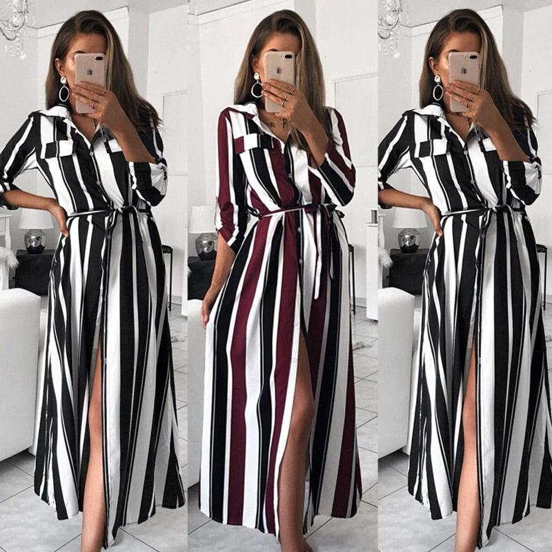 VIEUNSTA Women Fashion Turn-Down Collar Stripe Dresses Spring Summer Long Sleeve Button Dress Lace Up Slit Maxi Dress Vestidos