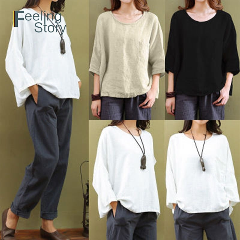 New Plus Size 4X 5X Women's Summer Cotton Linen Blouses Blusas 2019 Three Quarter Sleeve Pockets Tunic Top Loose Ladies Clothing