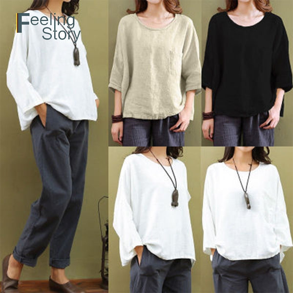 New Plus Size 4X 5X Women's Summer Cotton Linen Blouses Blusas 2019 Three Quarter Sleeve Pockets Tunic Top Loose Ladies Clothing
