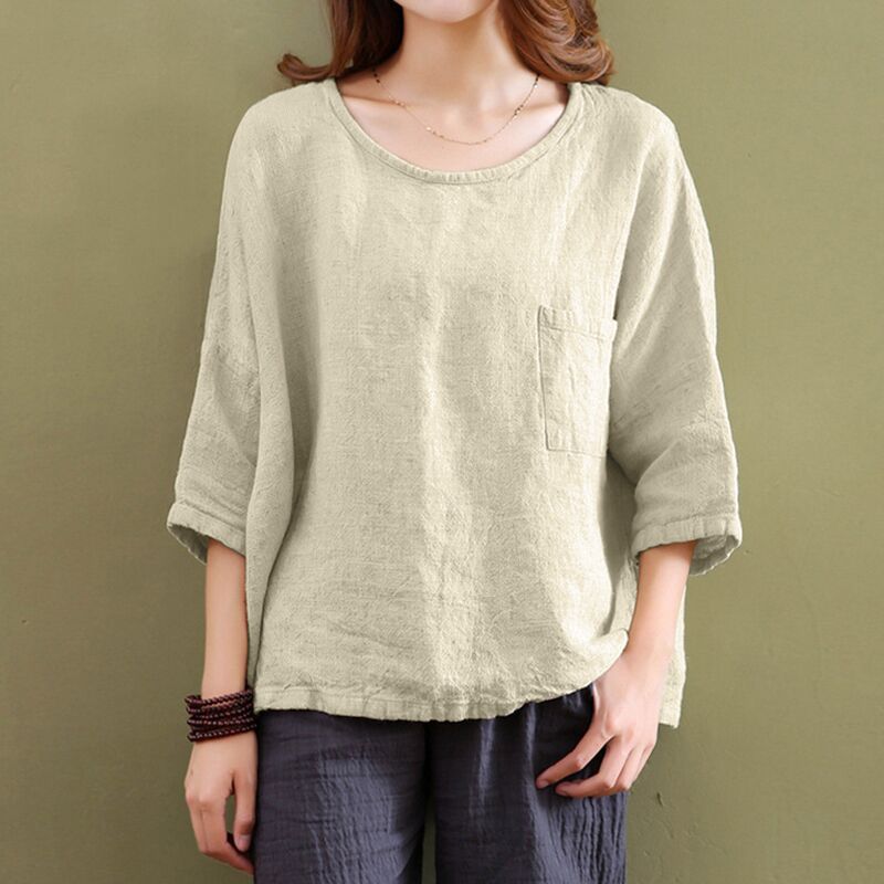 New Plus Size 4X 5X Women's Summer Cotton Linen Blouses Blusas 2019 Three Quarter Sleeve Pockets Tunic Top Loose Ladies Clothing