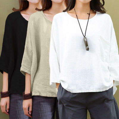New Plus Size 4X 5X Women's Summer Cotton Linen Blouses Blusas 2019 Three Quarter Sleeve Pockets Tunic Top Loose Ladies Clothing