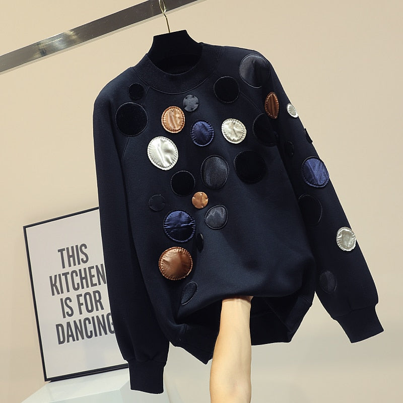 The spring and autumn period and the new sets loose fleece female black color matching dot coat students embroidery cloth coat