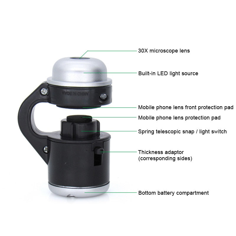 Mobile Phone Microscope Telescope Camera Clip Lens 30x Zoom LED Light Photography EM88