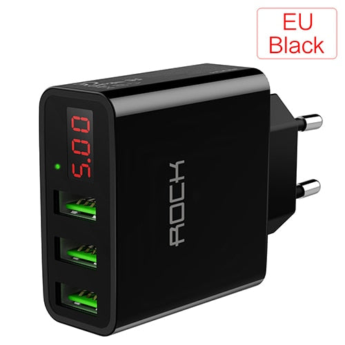 ROCK 3A LED Display EU 3 USB Charger Universal Mobile Phone USB Charger Fast Charging Wall Charger For iPhone Samsung Xiaomi