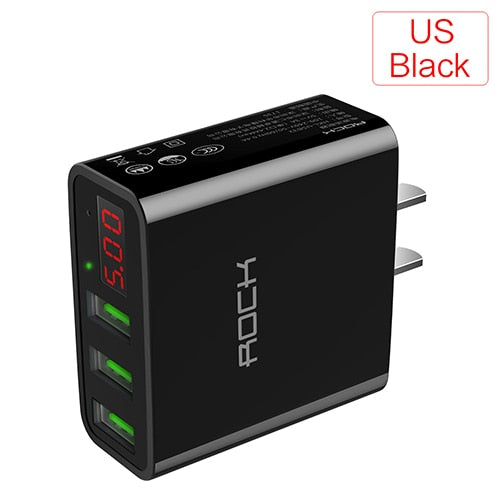 ROCK 3A LED Display EU 3 USB Charger Universal Mobile Phone USB Charger Fast Charging Wall Charger For iPhone Samsung Xiaomi