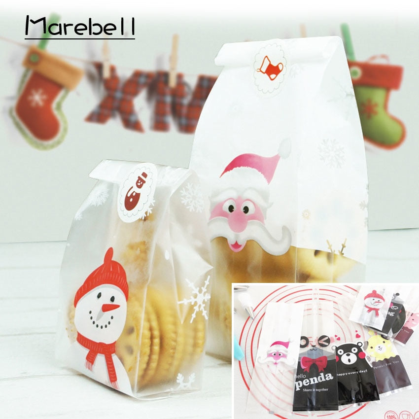 Marebell 30pcs Christmas Packing Bags For Cookies Sticky Paper Cartoon Santa Claus Party Children's Day Biscuit Baking Packaging