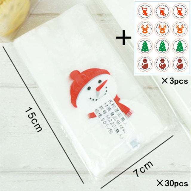 Marebell 30pcs Christmas Packing Bags For Cookies Sticky Paper Cartoon Santa Claus Party Children's Day Biscuit Baking Packaging