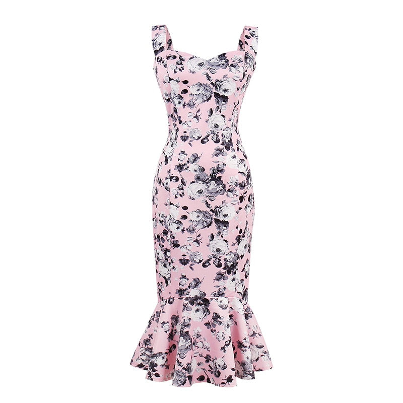 Sisjuly Women Pink Mermaid Dress Female Girls Summer Sleeveless Trumpet Dresses Floral Mid-Calf Dresses Girls Summer Print Dress
