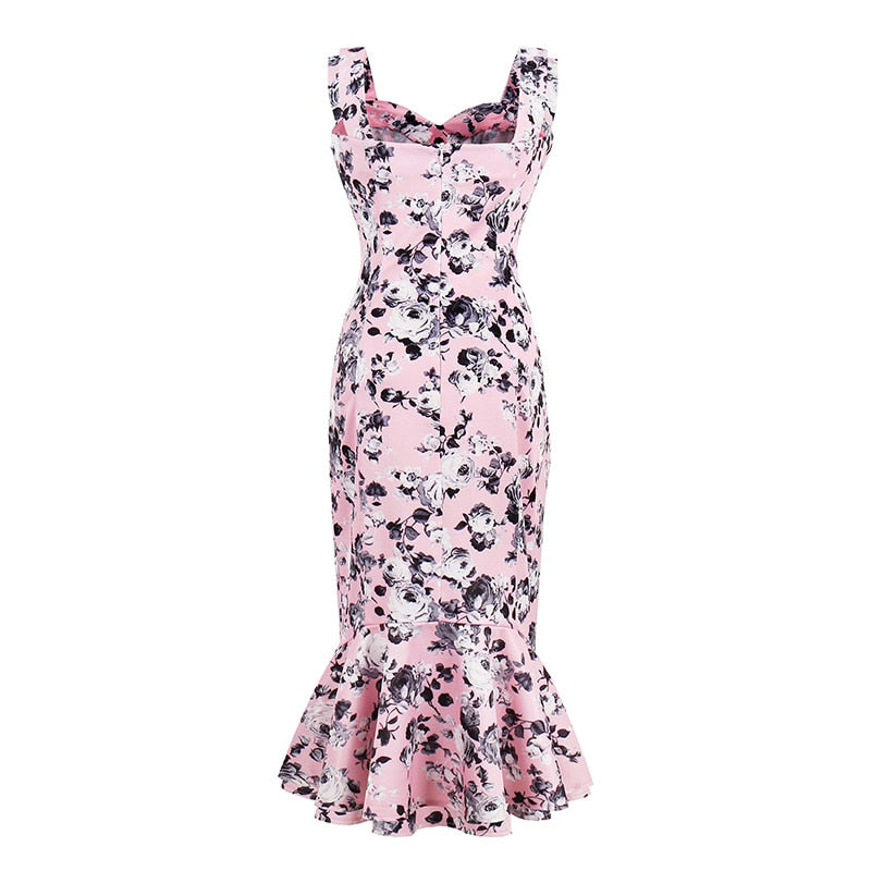 Sisjuly Women Pink Mermaid Dress Female Girls Summer Sleeveless Trumpet Dresses Floral Mid-Calf Dresses Girls Summer Print Dress