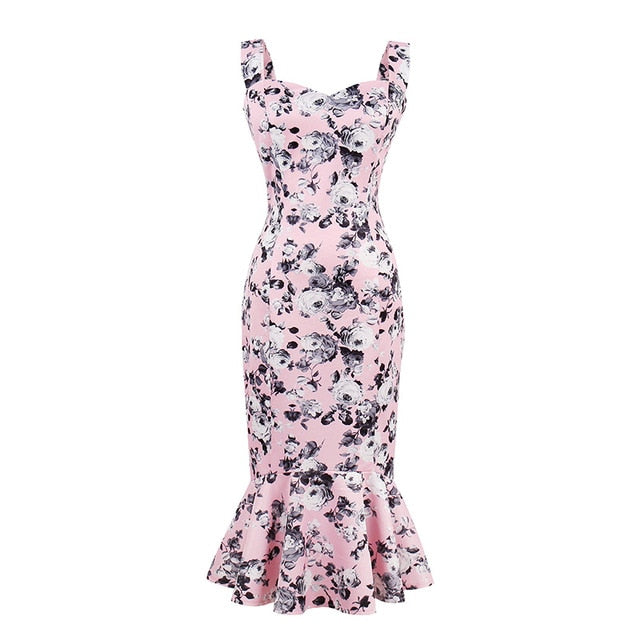 Sisjuly Women Pink Mermaid Dress Female Girls Summer Sleeveless Trumpet Dresses Floral Mid-Calf Dresses Girls Summer Print Dress