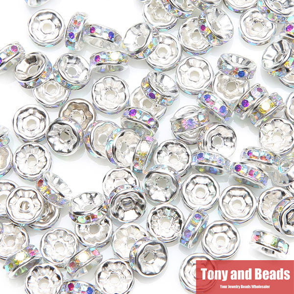 (50Pcs=1Lot !) Free Shipping AAAA Quality 6x3MM Metal Silver Plated Crystal Rhinestone Rondelle Spacer Beads 18Colors For Choose