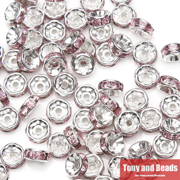 (50Pcs=1Lot !) Free Shipping AAAA Quality 6x3MM Metal Silver Plated Crystal Rhinestone Rondelle Spacer Beads 18Colors For Choose