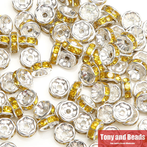 (50Pcs=1Lot !) Free Shipping AAAA Quality 6x3MM Metal Silver Plated Crystal Rhinestone Rondelle Spacer Beads 18Colors For Choose