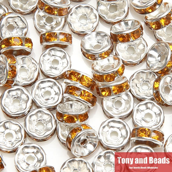 (50Pcs=1Lot !) Free Shipping AAAA Quality 6x3MM Metal Silver Plated Crystal Rhinestone Rondelle Spacer Beads 18Colors For Choose