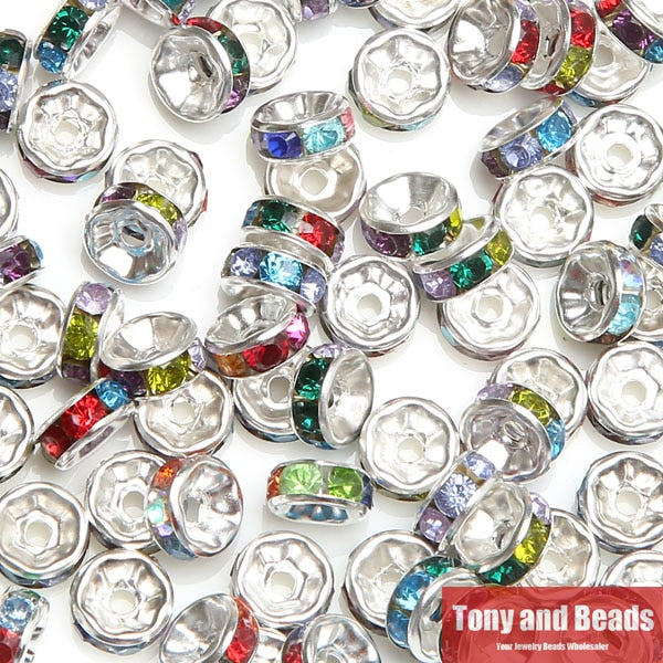 (50Pcs=1Lot !) Free Shipping AAAA Quality 6x3MM Metal Silver Plated Crystal Rhinestone Rondelle Spacer Beads 18Colors For Choose