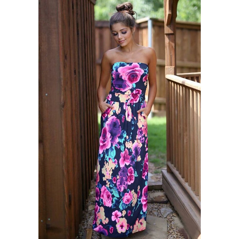 RUIYIGE 2019 Woman Fashion Boho Maxi floral Print Dresses ladies Sexy strapless Summer Sundress party Vestidos Beachwear robes