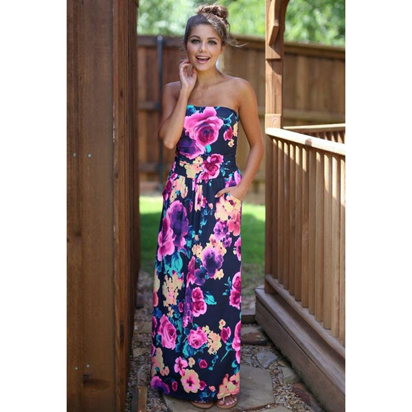 RUIYIGE 2019 Woman Fashion Boho Maxi floral Print Dresses ladies Sexy strapless Summer Sundress party Vestidos Beachwear robes