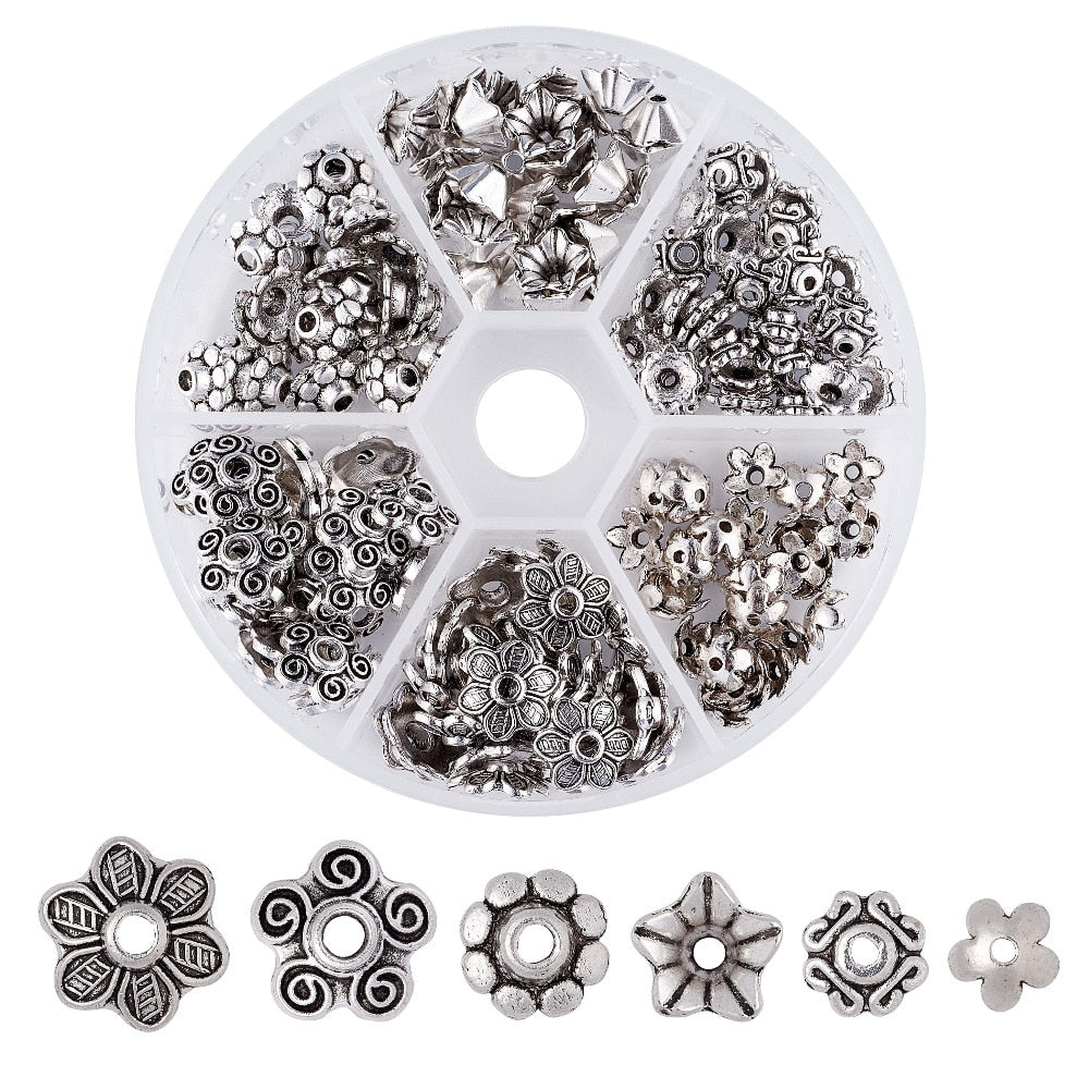 Pandahall 1Box 180pcs Metal Flower Bead Caps Vintage Filigree DIY Jewelry Making Findings Mixed Silver Plated Accessories