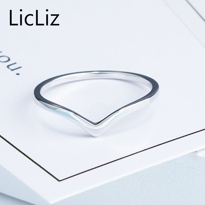 LicLiz Simple 925 Sterling Silver Triangle Rings For Women Finger Geometric Ring Bague Initial Letter V Shape Ring Band LR0470