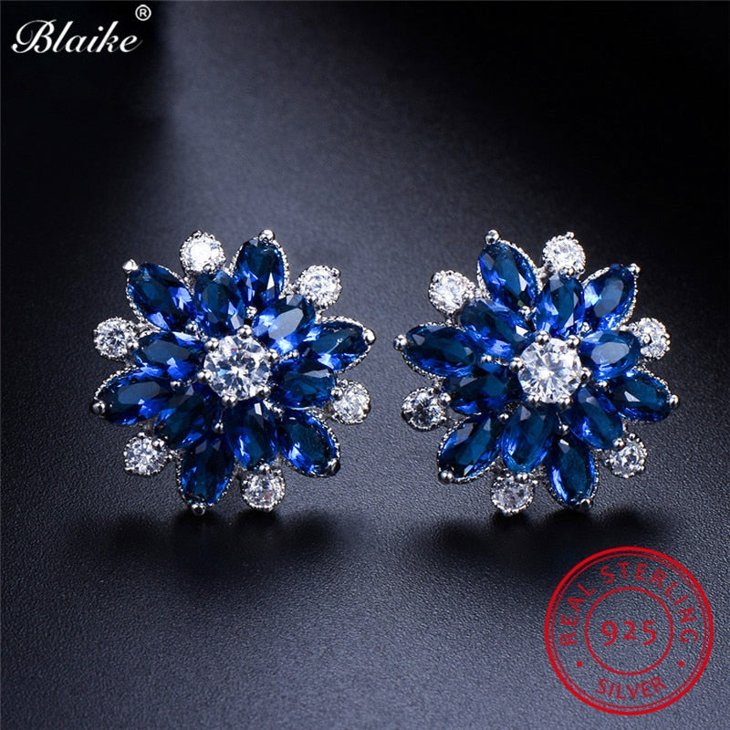 Blaike Charming Blue Sapphire White Zircon Snowflake Stud Earrings For Women 100% Genuine 925 Sterling Silver Birthstone Earring