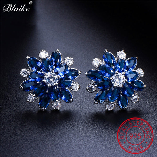 Blaike Charming Blue Sapphire White Zircon Snowflake Stud Earrings For Women 100% Genuine 925 Sterling Silver Birthstone Earring