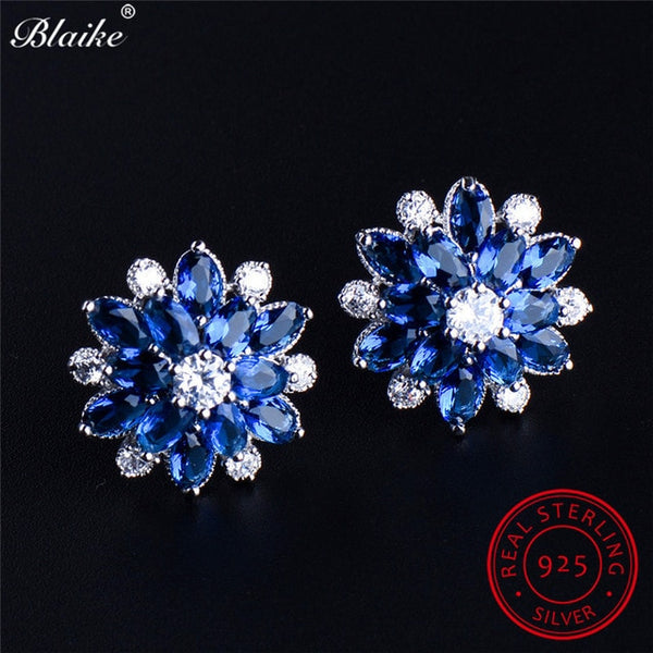 Blaike Charming Blue Sapphire White Zircon Snowflake Stud Earrings For Women 100% Genuine 925 Sterling Silver Birthstone Earring