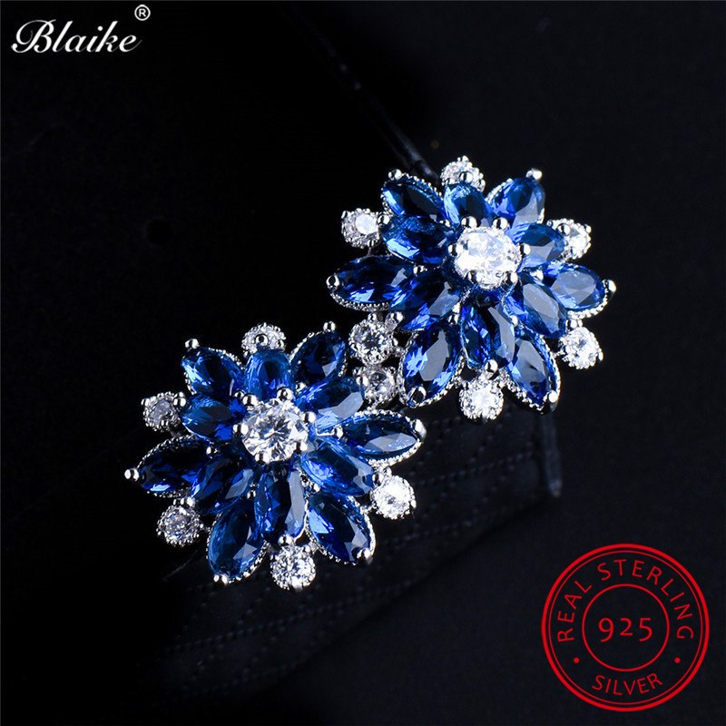 Blaike Charming Blue Sapphire White Zircon Snowflake Stud Earrings For Women 100% Genuine 925 Sterling Silver Birthstone Earring