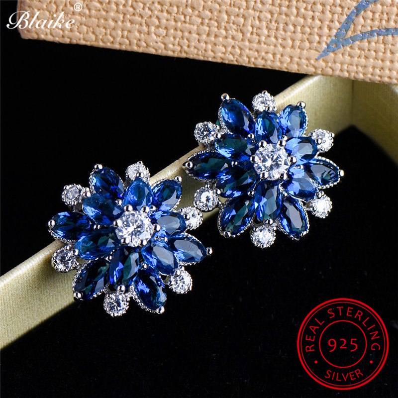 Blaike Charming Blue Sapphire White Zircon Snowflake Stud Earrings For Women 100% Genuine 925 Sterling Silver Birthstone Earring
