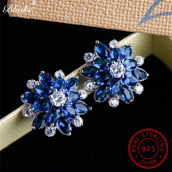 Blaike Charming Blue Sapphire White Zircon Snowflake Stud Earrings For Women 100% Genuine 925 Sterling Silver Birthstone Earring