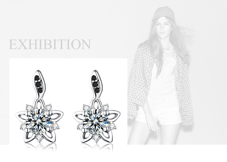 [BLACK AWN] Genuine 925 Sterling Silver Fine Jewelry Flower Black&White Stone Engagement Stud Earrings for Women T032