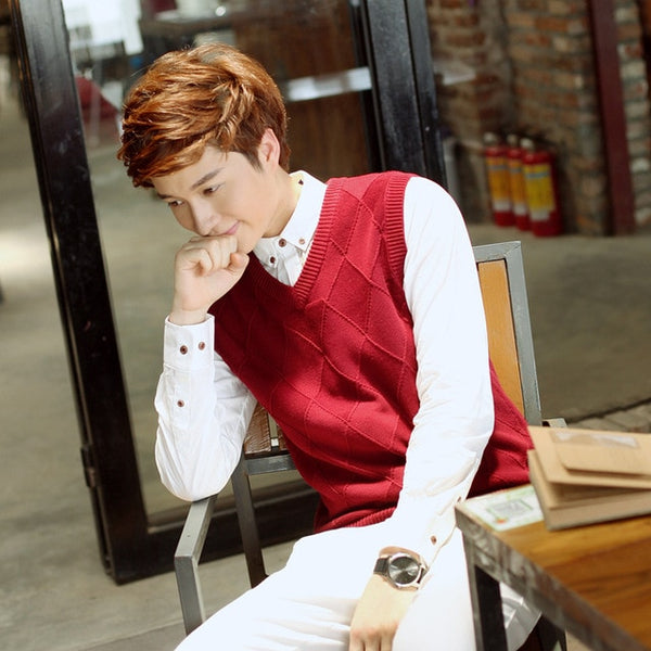 100% Cotton Vest Men 2018 Autumn Winter Solid Color V-neck Sleeveless Sweater Cotton Knitwear Pull Men Brand base top Clothing
