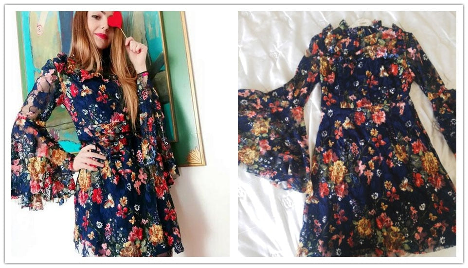 SHEIN Flower Print Swing A Line Summer Dress Long Sleeve Spring Multicolor Floral Calico Print Keyhole Back Bell Sleeve Dress