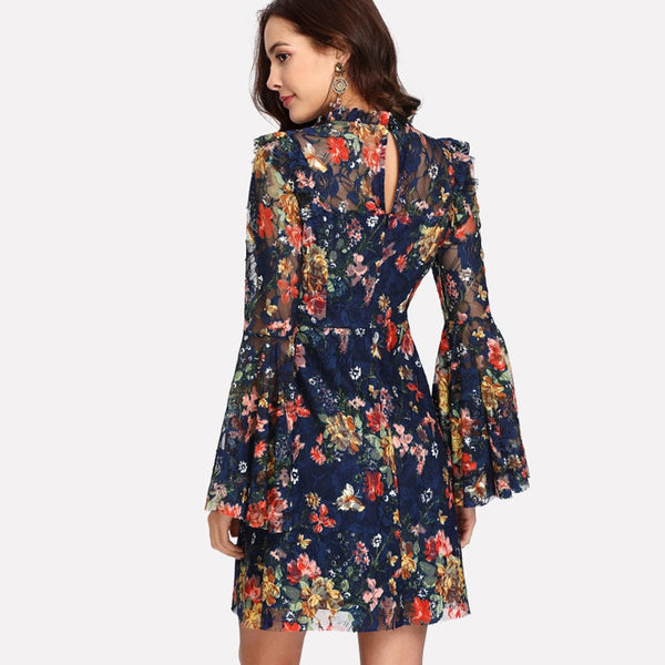 SHEIN Flower Print Swing A Line Summer Dress Long Sleeve Spring Multicolor Floral Calico Print Keyhole Back Bell Sleeve Dress