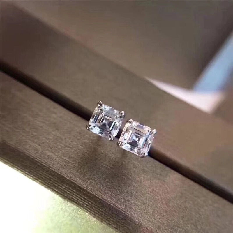 AINUOSHI Brand Sparkling Square Stud Earring Asscher Cut Sona Diamond Pure 925 Sterling Silver Shining Earring Lady Jewelry Gift