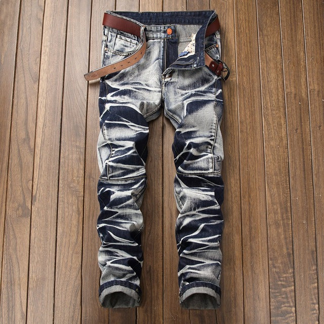 2018 High Quality Men  Casual Jeans Coated Slim Straight Pleated Biker Jeans Pants Male Denim Casual Pants Plus Size 42