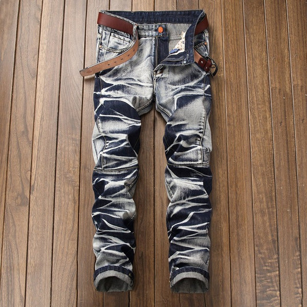 2018 High Quality Men  Casual Jeans Coated Slim Straight Pleated Biker Jeans Pants Male Denim Casual Pants Plus Size 42