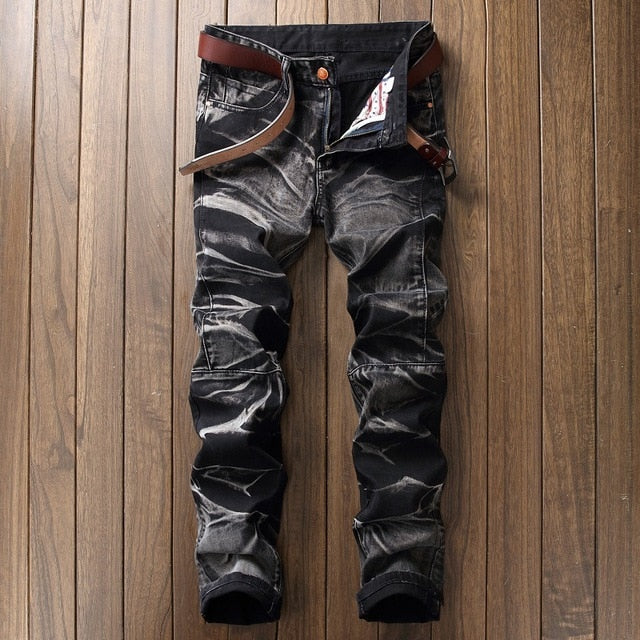 2018 High Quality Men  Casual Jeans Coated Slim Straight Pleated Biker Jeans Pants Male Denim Casual Pants Plus Size 42