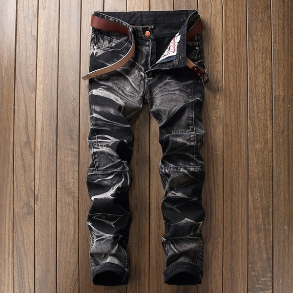 2018 High Quality Men  Casual Jeans Coated Slim Straight Pleated Biker Jeans Pants Male Denim Casual Pants Plus Size 42