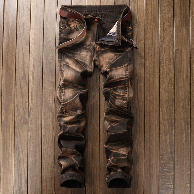 2018 High Quality Men  Casual Jeans Coated Slim Straight Pleated Biker Jeans Pants Male Denim Casual Pants Plus Size 42