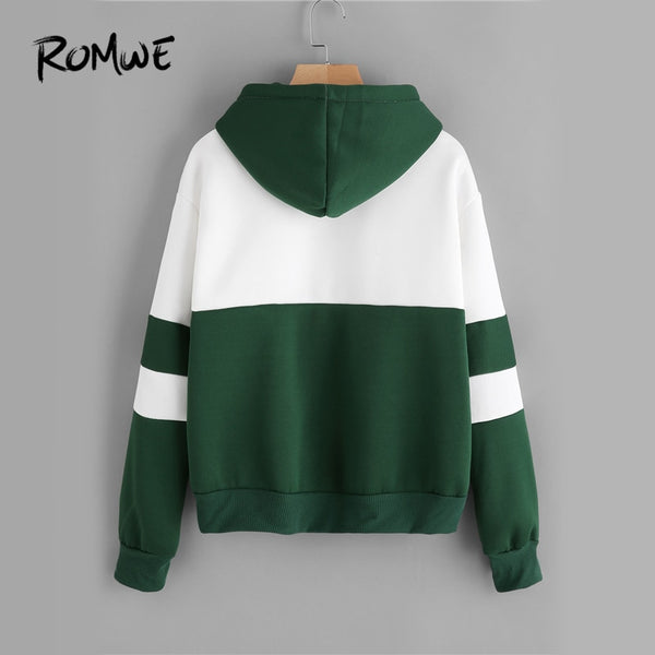 ROMWE Drawstring Color Block Cactus Embroidered Hoodie 2018 Spring Autumn Long Sleeve Ladies Casual Sporty Pullovers Sweatshirt