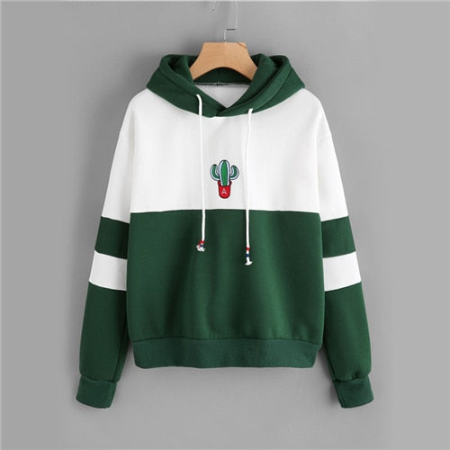 ROMWE Drawstring Color Block Cactus Embroidered Hoodie 2018 Spring Autumn Long Sleeve Ladies Casual Sporty Pullovers Sweatshirt
