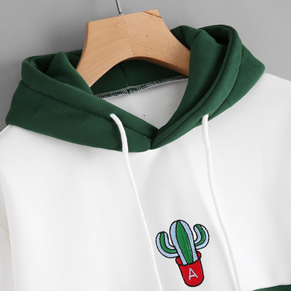 ROMWE Drawstring Color Block Cactus Embroidered Hoodie 2018 Spring Autumn Long Sleeve Ladies Casual Sporty Pullovers Sweatshirt