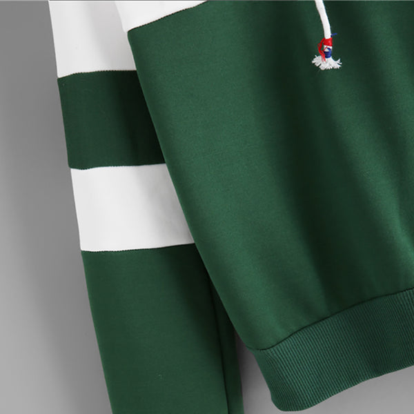 ROMWE Drawstring Color Block Cactus Embroidered Hoodie 2018 Spring Autumn Long Sleeve Ladies Casual Sporty Pullovers Sweatshirt