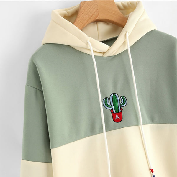 ROMWE Drawstring Color Block Cactus Embroidered Hoodie 2018 Spring Autumn Long Sleeve Ladies Casual Sporty Pullovers Sweatshirt
