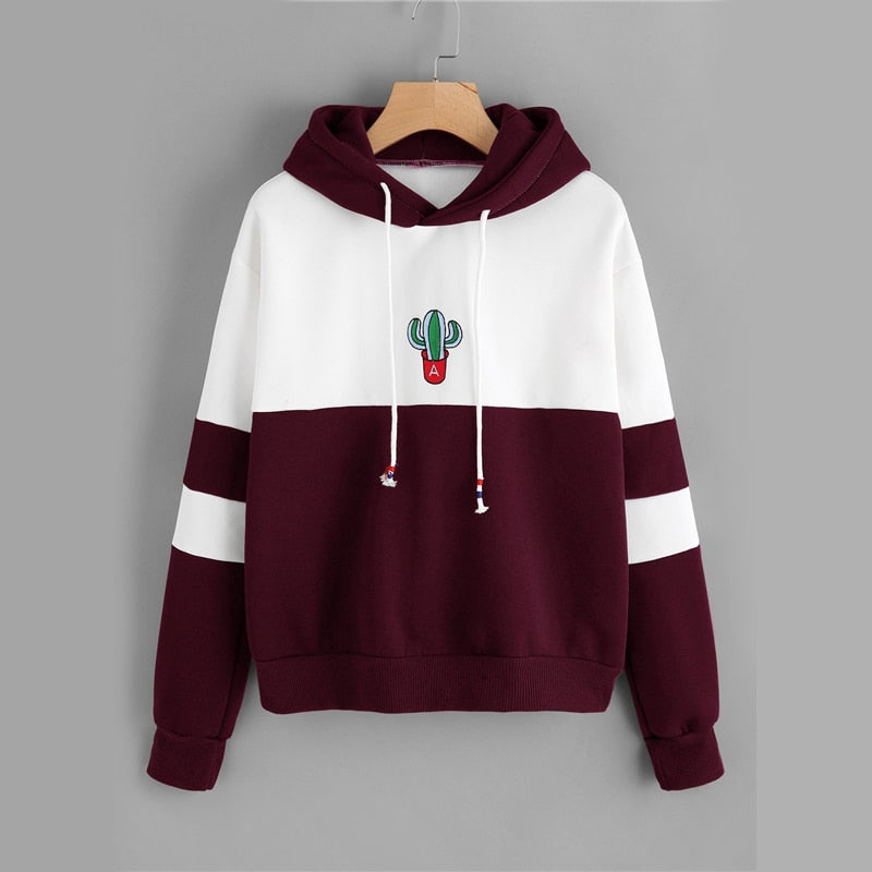 ROMWE Drawstring Color Block Cactus Embroidered Hoodie 2018 Spring Autumn Long Sleeve Ladies Casual Sporty Pullovers Sweatshirt