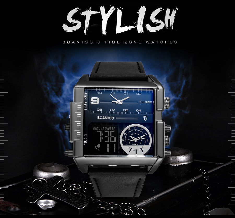 BOAMIGO brand men sports watches 3 time zone big man fashion watch leather quartz wristwatches relogio masculino montre homme