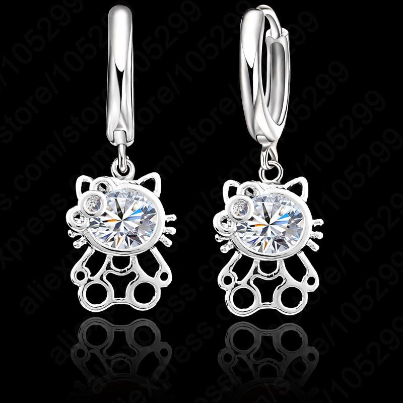Jemmin Good Quality 925 Sterling Silver Cubic Zirconia Lever Back Loop Earrings Lovely Kitty Design Jewelry For Woman Girl