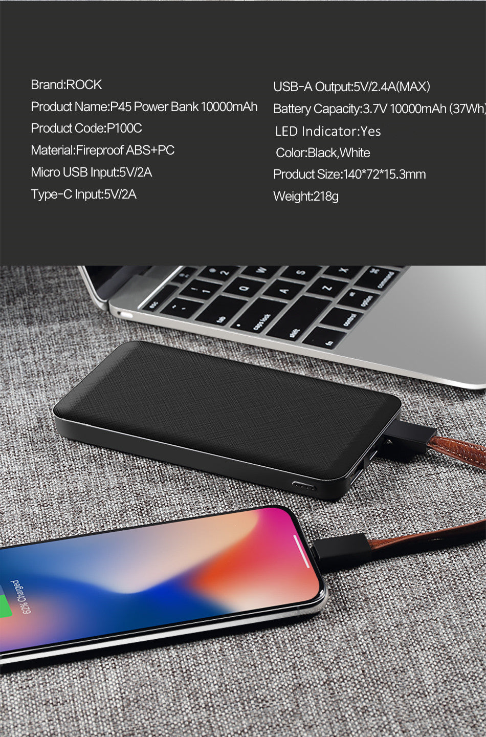 ROCK Slim Power Bank 10000 mAh Portable Charging Ultra thin Powerbank external battery backup pack for iPhone poverbank 10000mah