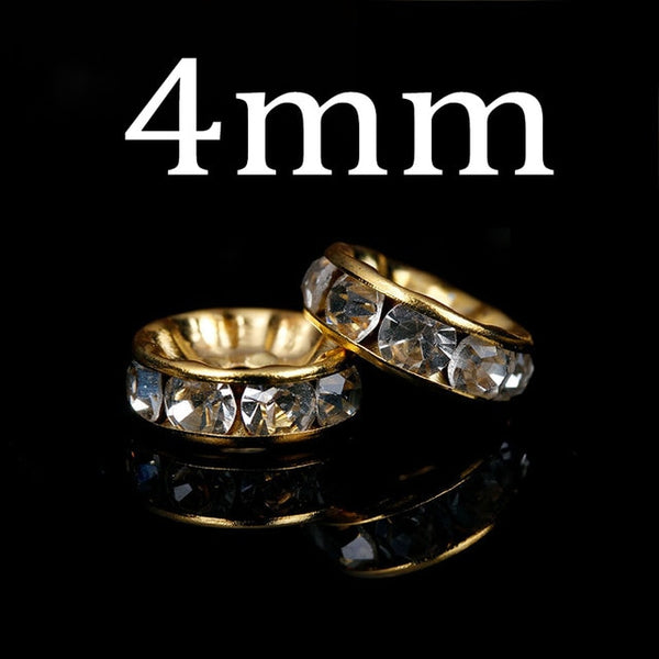 50pcs/lot 4 6 8 10mm Gold Silver Color Rhinestone Rondelles Crystal Bead Loose Spacer Beads for DIY Jewelry Making Accessories
